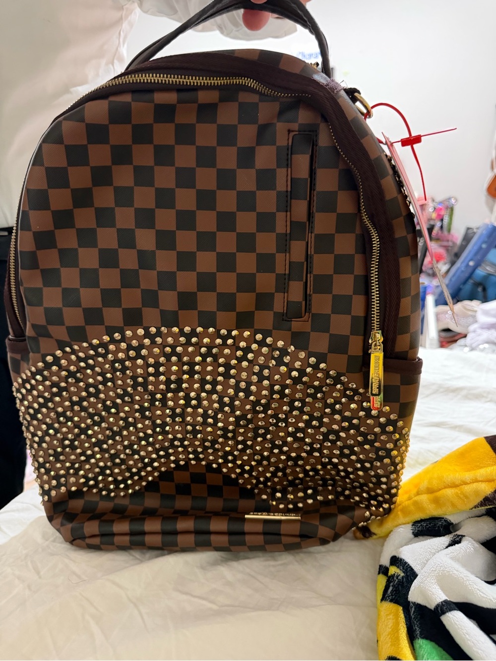 Brand new Sprayground Brown Checkered Backpack with Gold Stud Accents